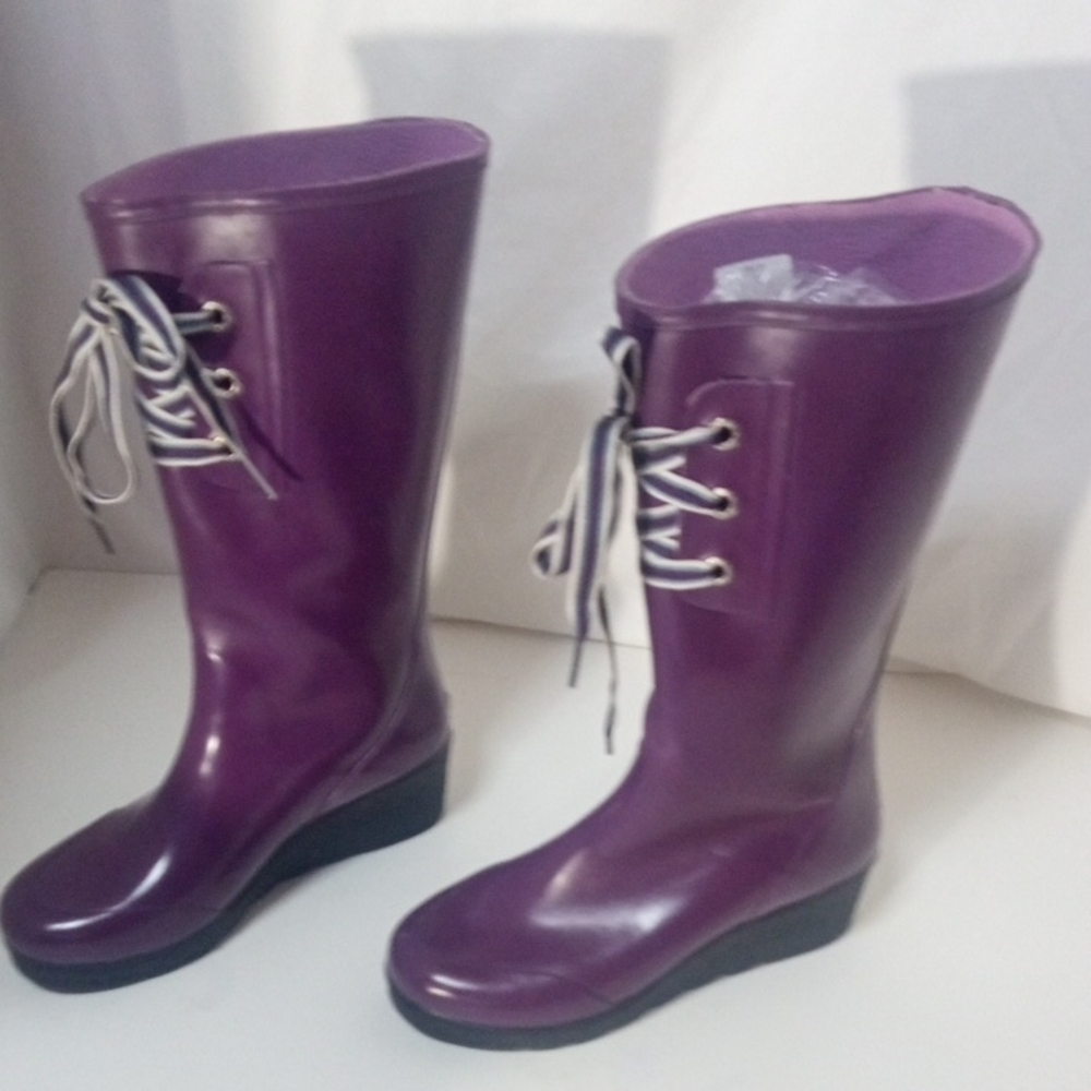Purple Women's Lace-Up 2” Wedge Heels Rubber Boots, Size 9 - Picture 6 of 10